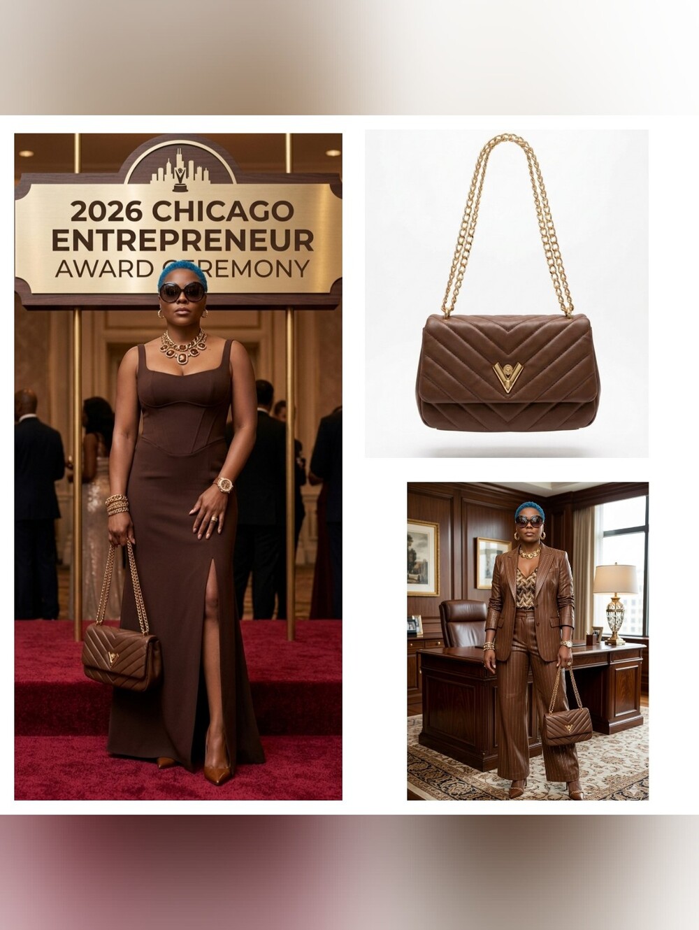 Valentino Orlandi Brown Quilted Shoulder Bag with Gold Chain NWT